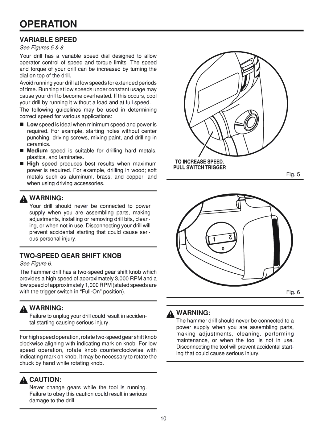 RIDGID R5010 manual Variable Speed, TWO-SPEED Gear Shift Knob 