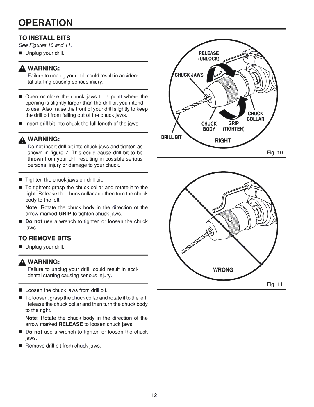 RIDGID R5010 manual To Install Bits, To Remove Bits 