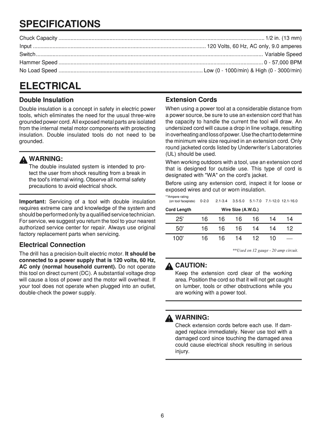 RIDGID R5010 manual Specifications, Double Insulation, Extension Cords, Electrical Connection 