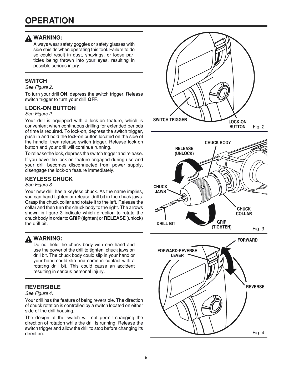 RIDGID R5010 manual Operation, LOCK-ON Button, Keyless Chuck 