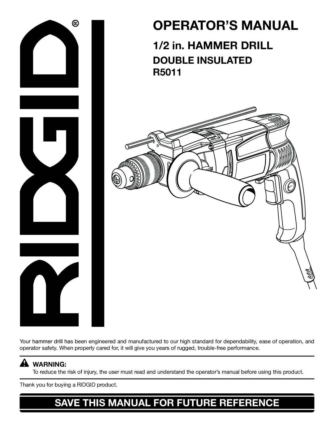 RIDGID R5011 manual OPERATOR’S Manual, Double Insulated 