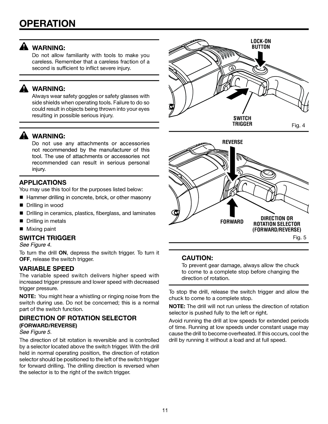 RIDGID R5011 manual Operation, Applications, Switch Trigger, LOCK-ON Button, Reverse Forward 