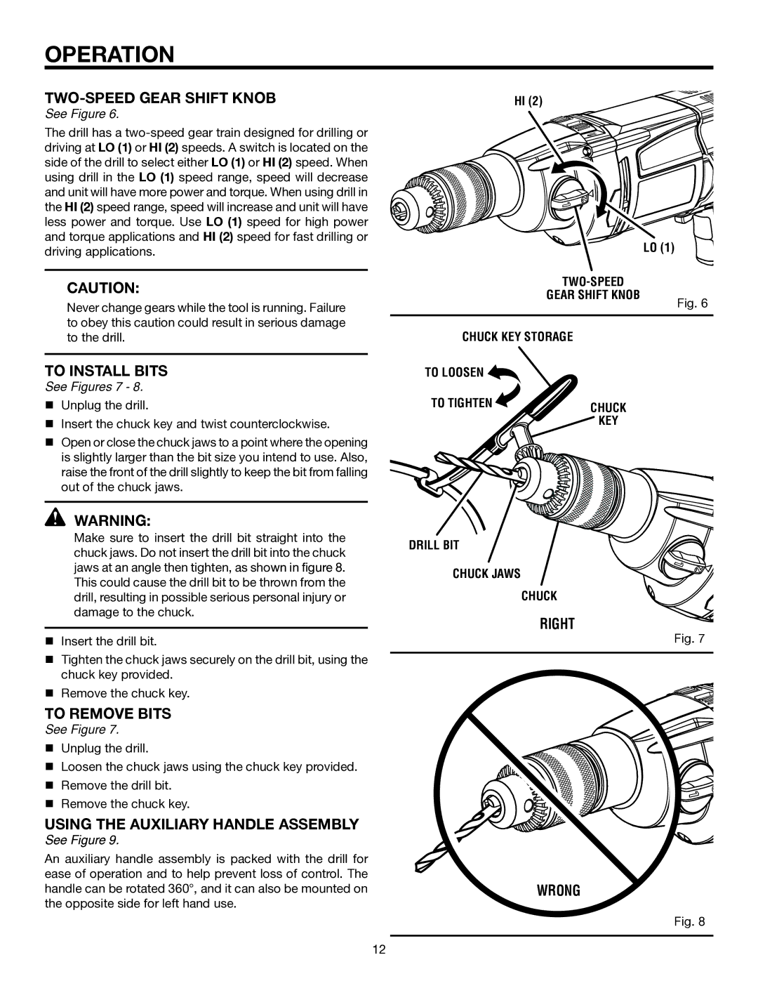 RIDGID R5011 TWO-SPEED Gear Shift Knob, To Install Bits, To Remove Bits, Using the Auxiliary Handle Assembly, Right Wrong 