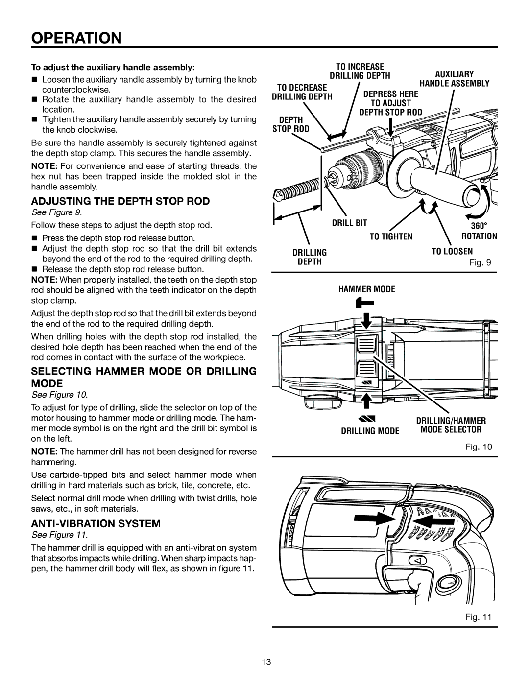 RIDGID R5011 Adjusting the Depth Stop ROD, Selecting Hammer Mode or Drilling, To adjust the auxiliary handle assembly 