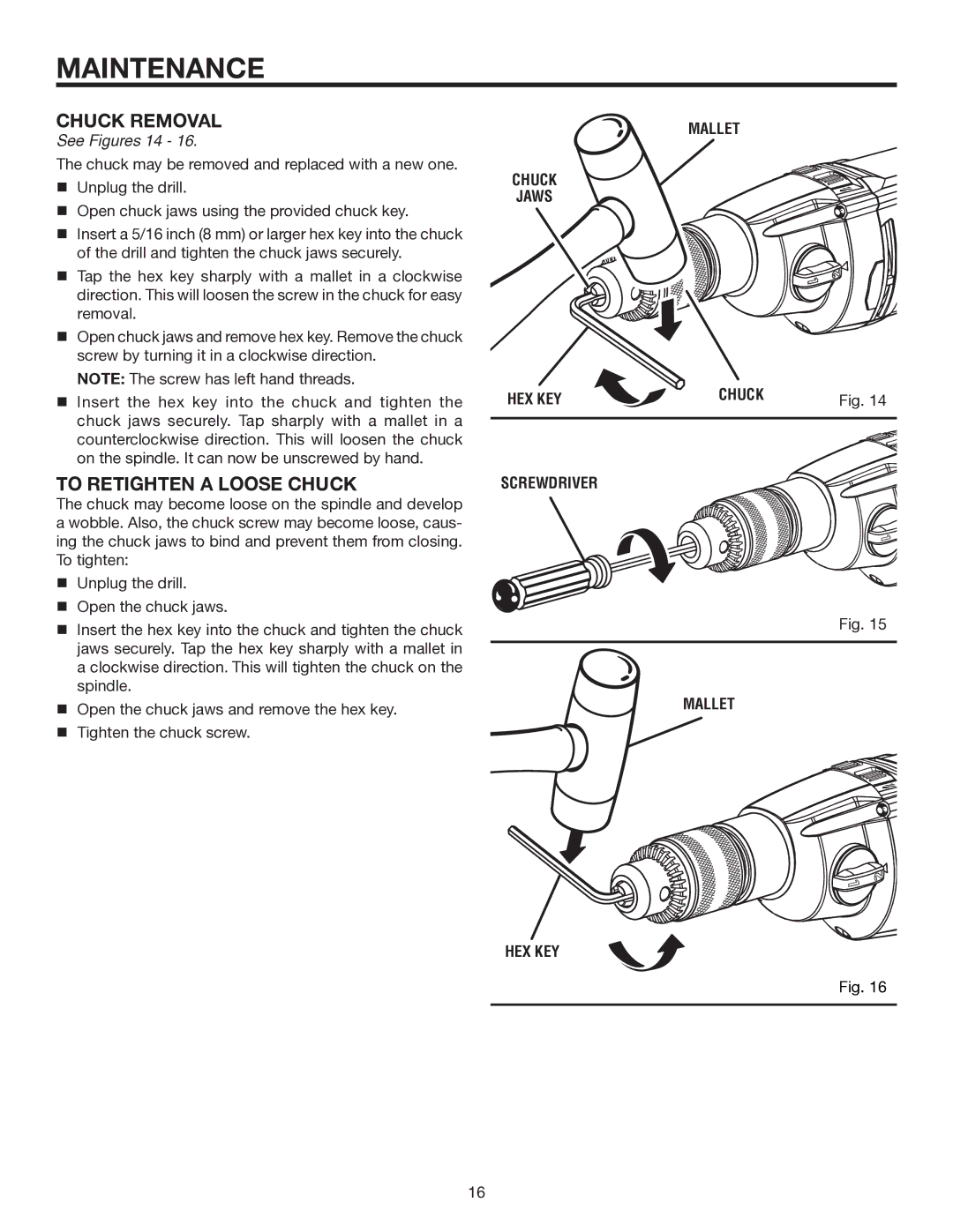 RIDGID R5011 manual Chuck Removal, To Retighten a Loose Chuck, Mallet Chuck Jaws HEX KEY Screwdriver 