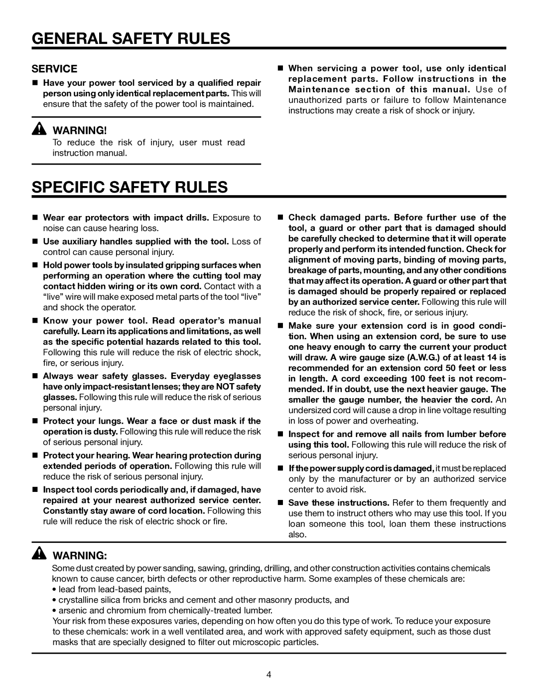 RIDGID R5011 manual Specific Safety Rules, Service 