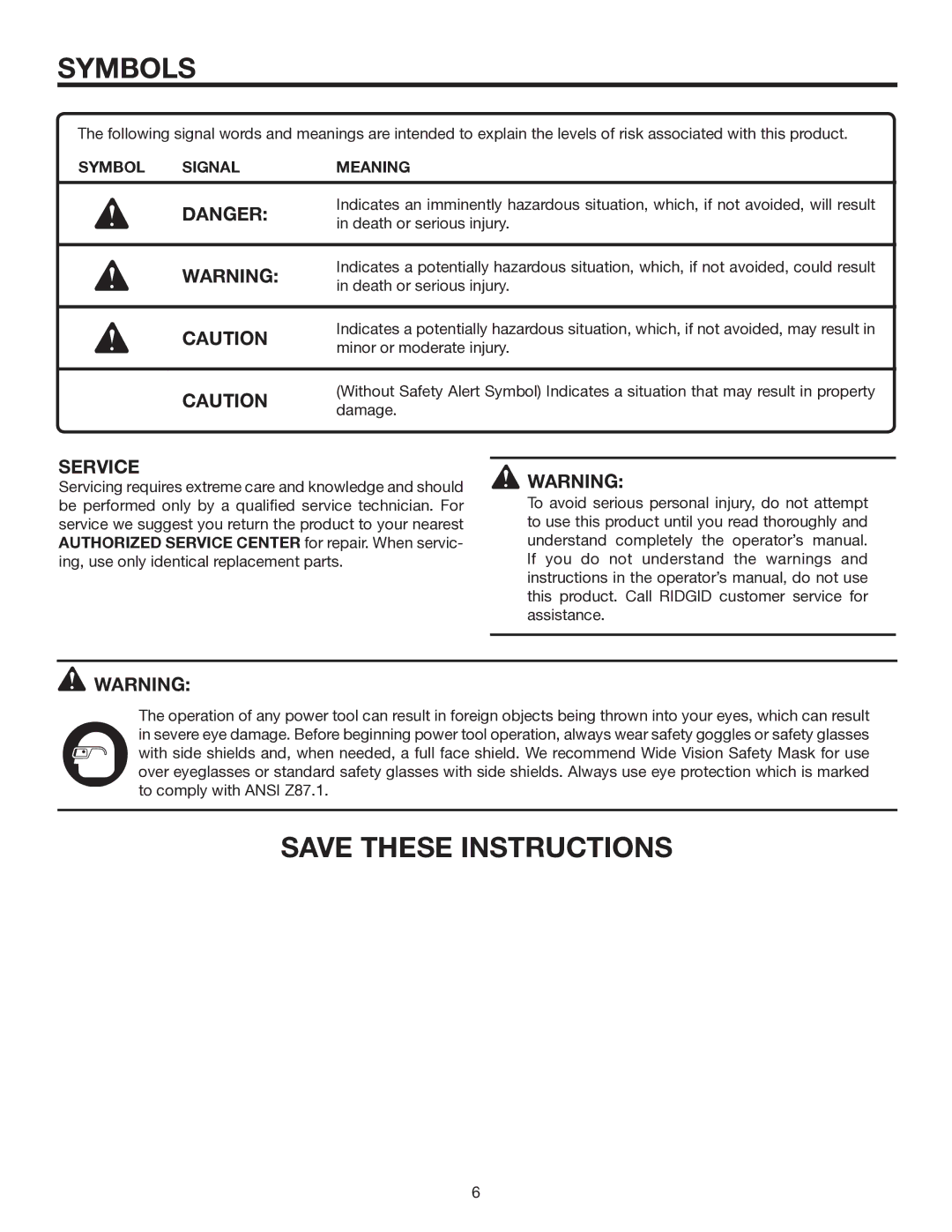 RIDGID R5011 manual Symbol Signal Meaning 