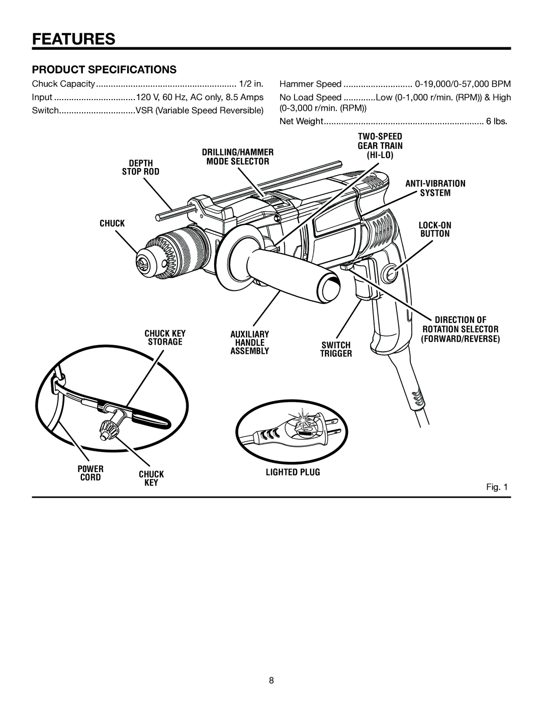 RIDGID R5011 manual Features, Product Specifications, Chuck, Lighted Plug 