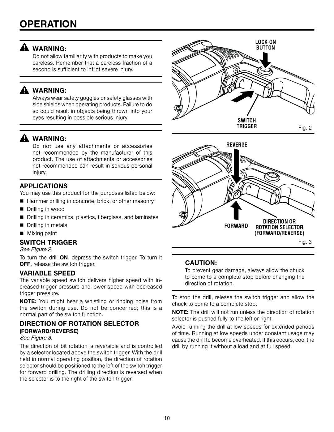 RIDGID R5013 manual Operation, Applications, Switch Trigger, LOCK-ON Button, Reverse Forward 