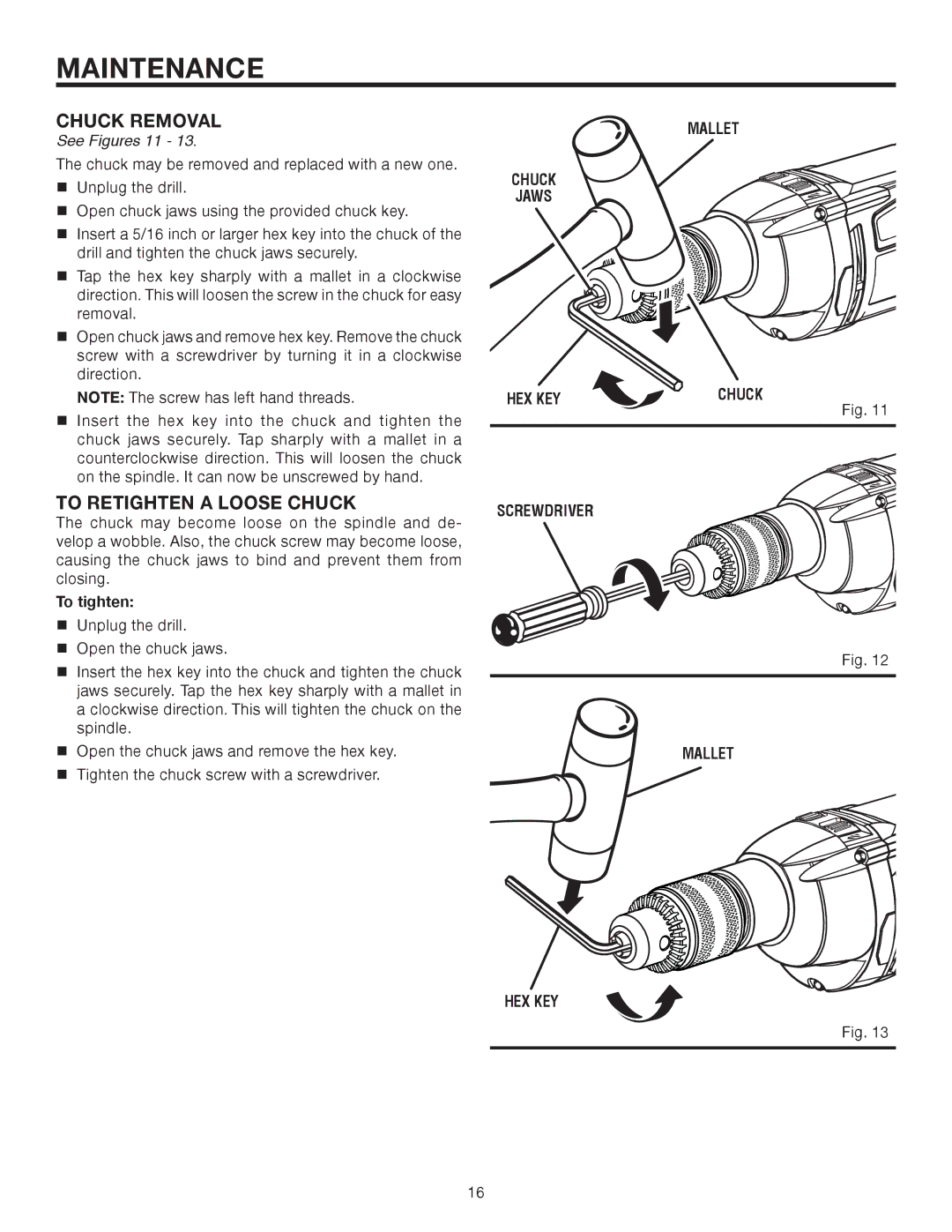 RIDGID R5013 Chuck Removal, To Retighten a Loose Chuck, See Figures 11, To tighten, Mallet Chuck Jaws HEX KEY Screwdriver 