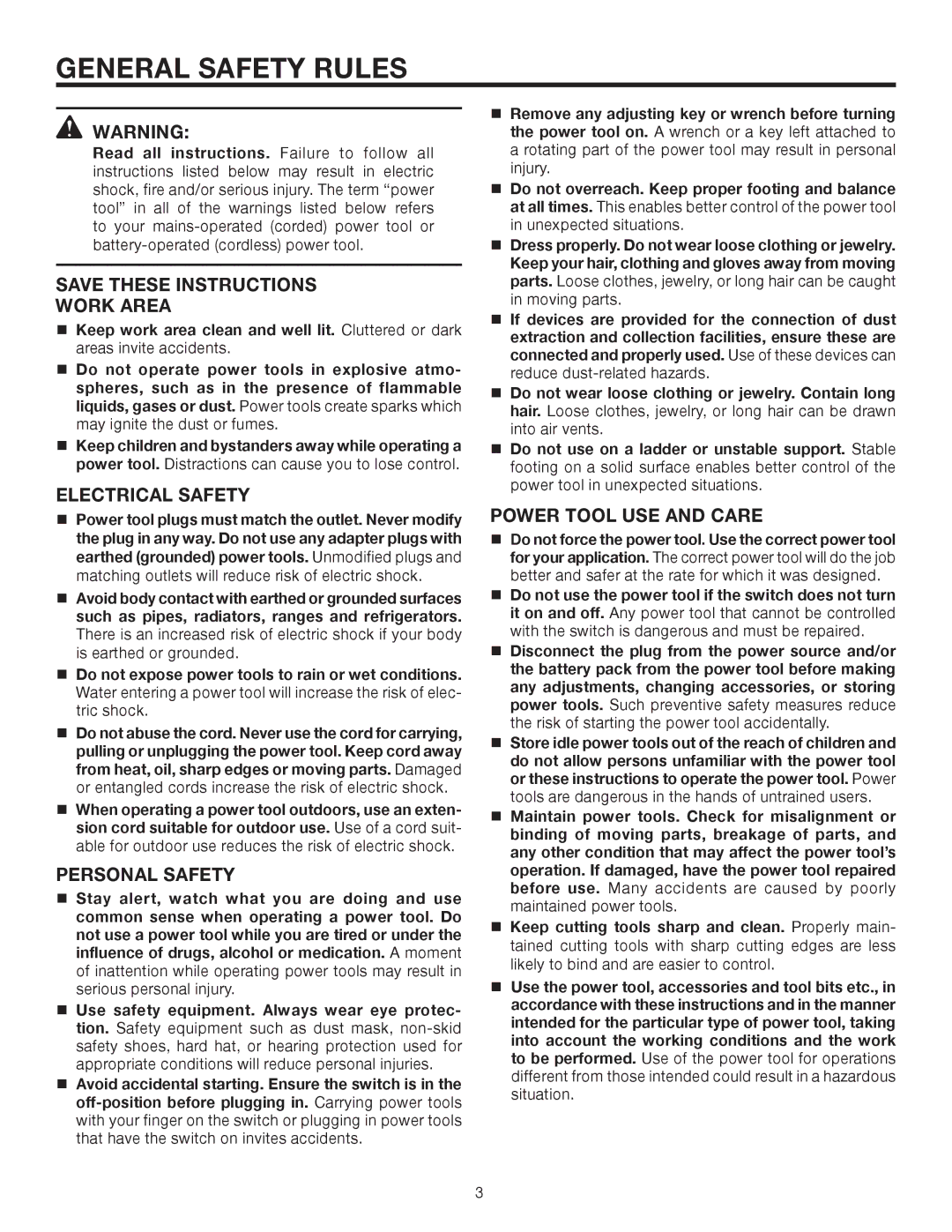 RIDGID R5013 manual General Safety Rules, Work Area, Electrical Safety, Personal Safety, Power Tool USE and Care 