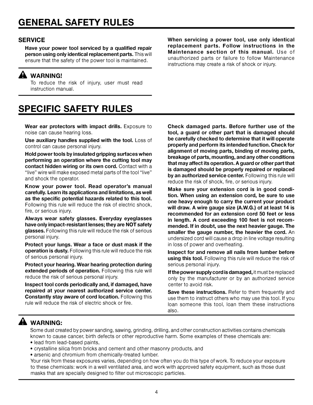 RIDGID R5013 manual Specific Safety Rules, Service 