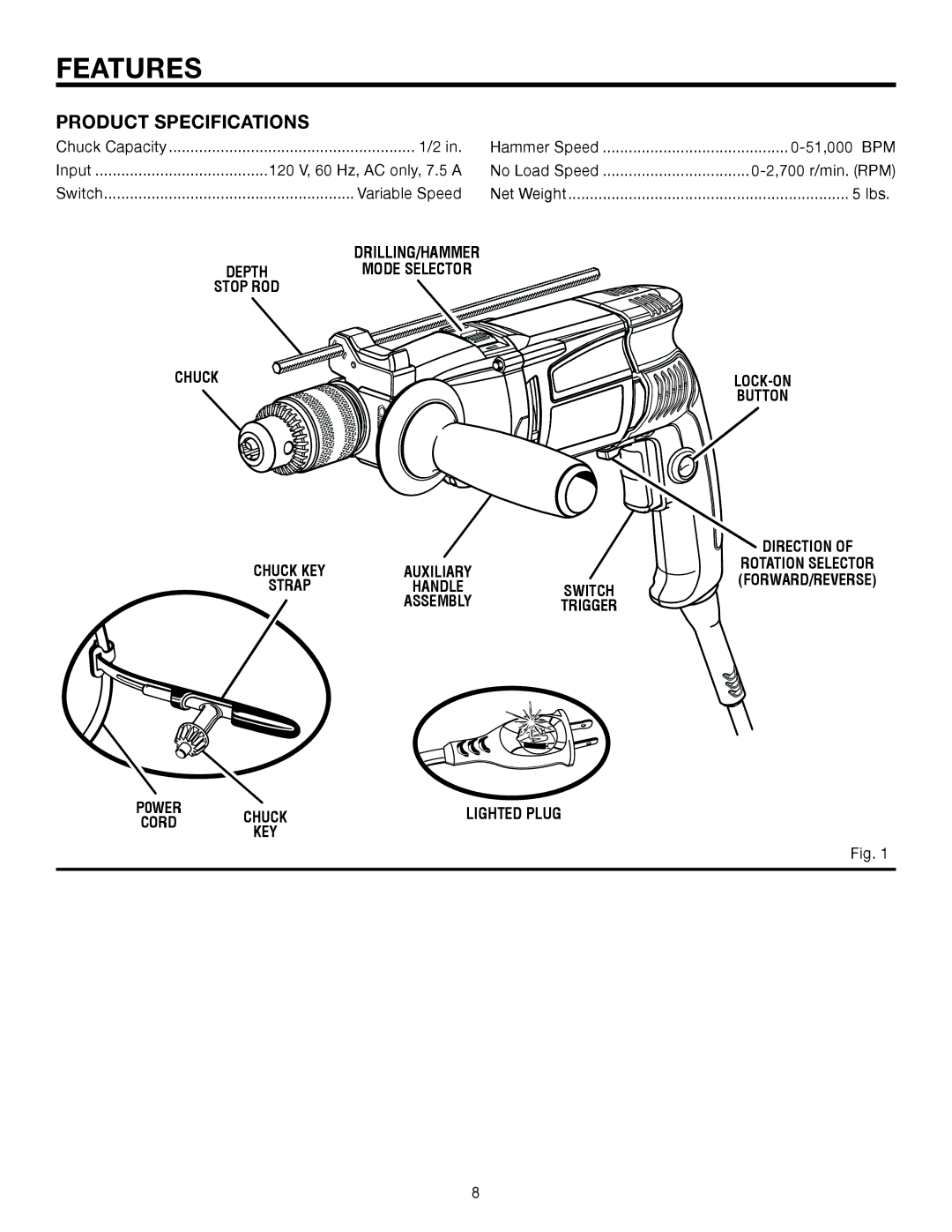 RIDGID R5013 manual Features, Product Specifications, DRILLING/HAMMER Depthmode Selector Stop ROD Chuck 