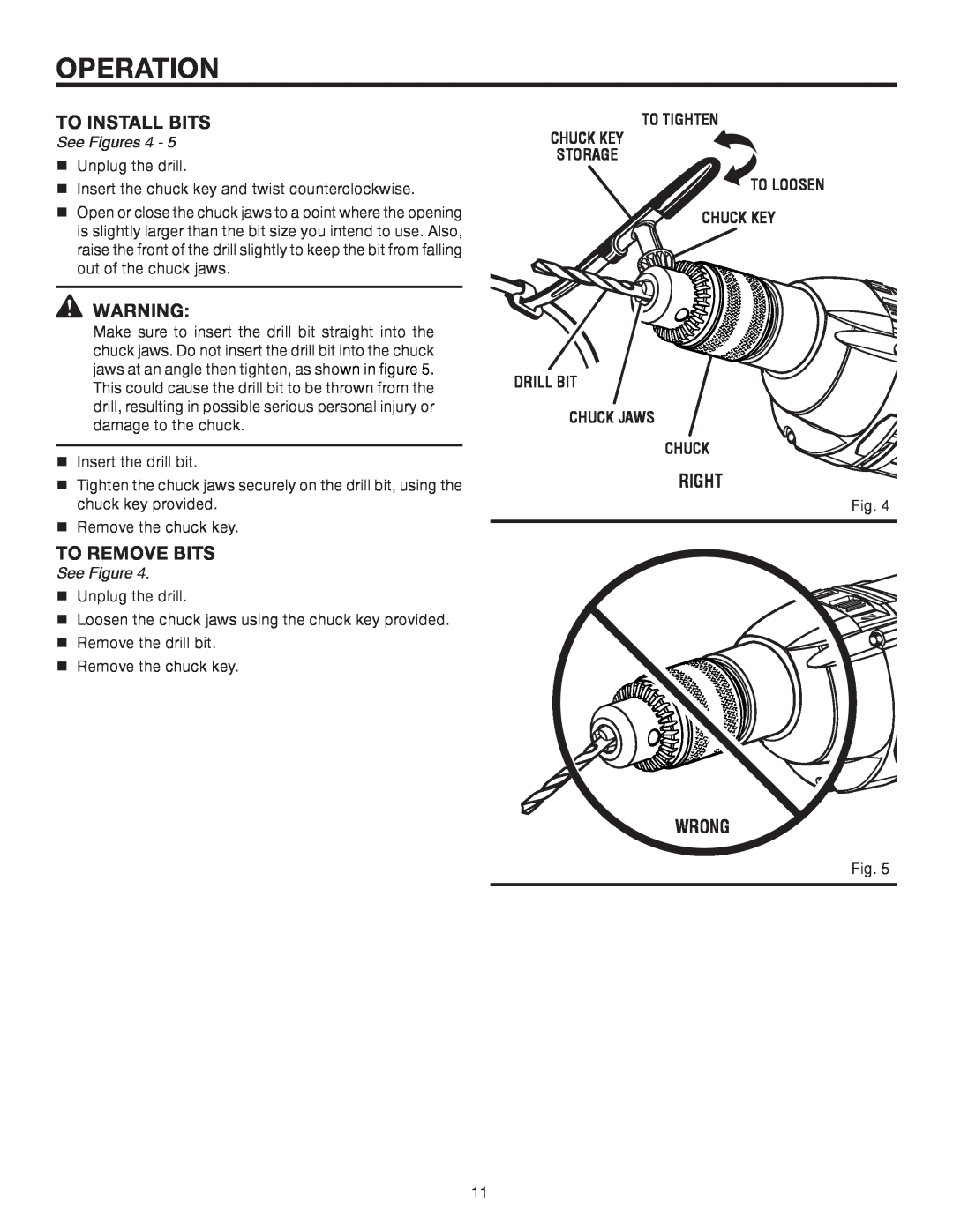 RIDGID R5013 manual Operation, To Install Bits, To Remove Bits, Right, Wrong, See Figures 