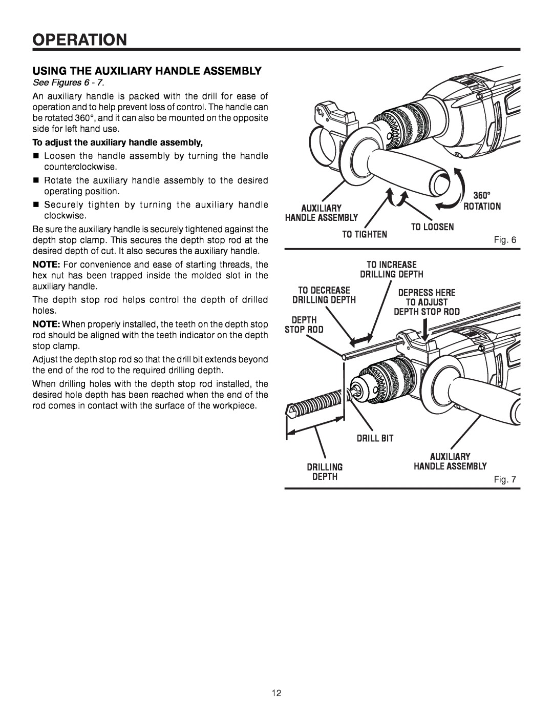 RIDGID R5013 Operation, Using The Auxiliary Handle Assembly, See Figures, To adjust the auxiliary handle assembly, Depth 