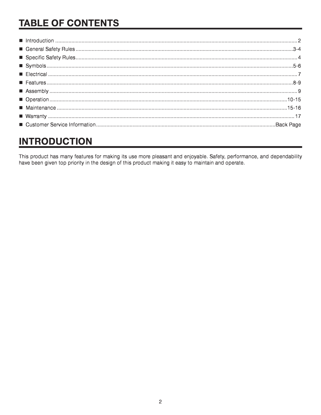 RIDGID R5013 manual Table Of Contents, Introduction, 10-15, 15-16, Back Page 