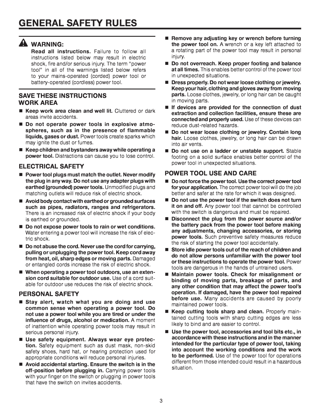RIDGID R5013 manual General Safety Rules, Save These Instructions Work Area, Electrical Safety, Personal Safety 