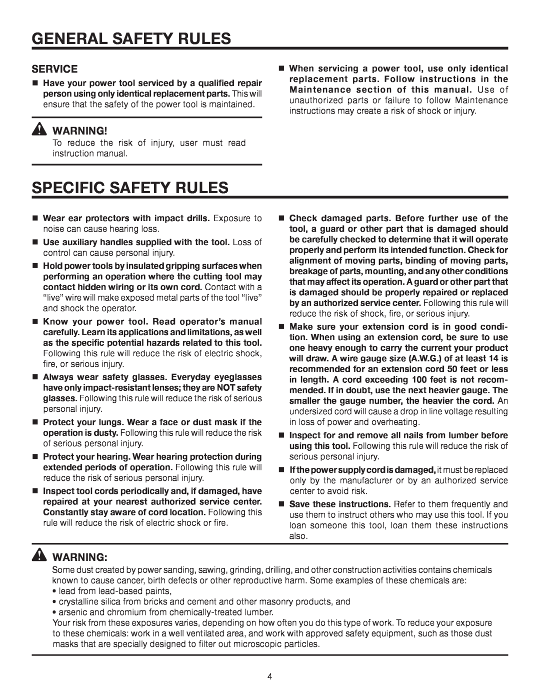 RIDGID R5013 manual Specific Safety Rules, General Safety Rules, Service 