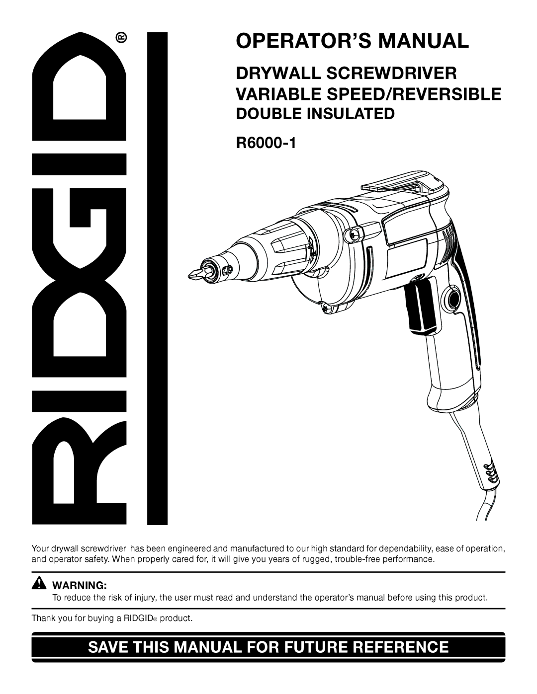 RIDGID R6000-1 manual OPERATOR’S Manual, Double Insulated 