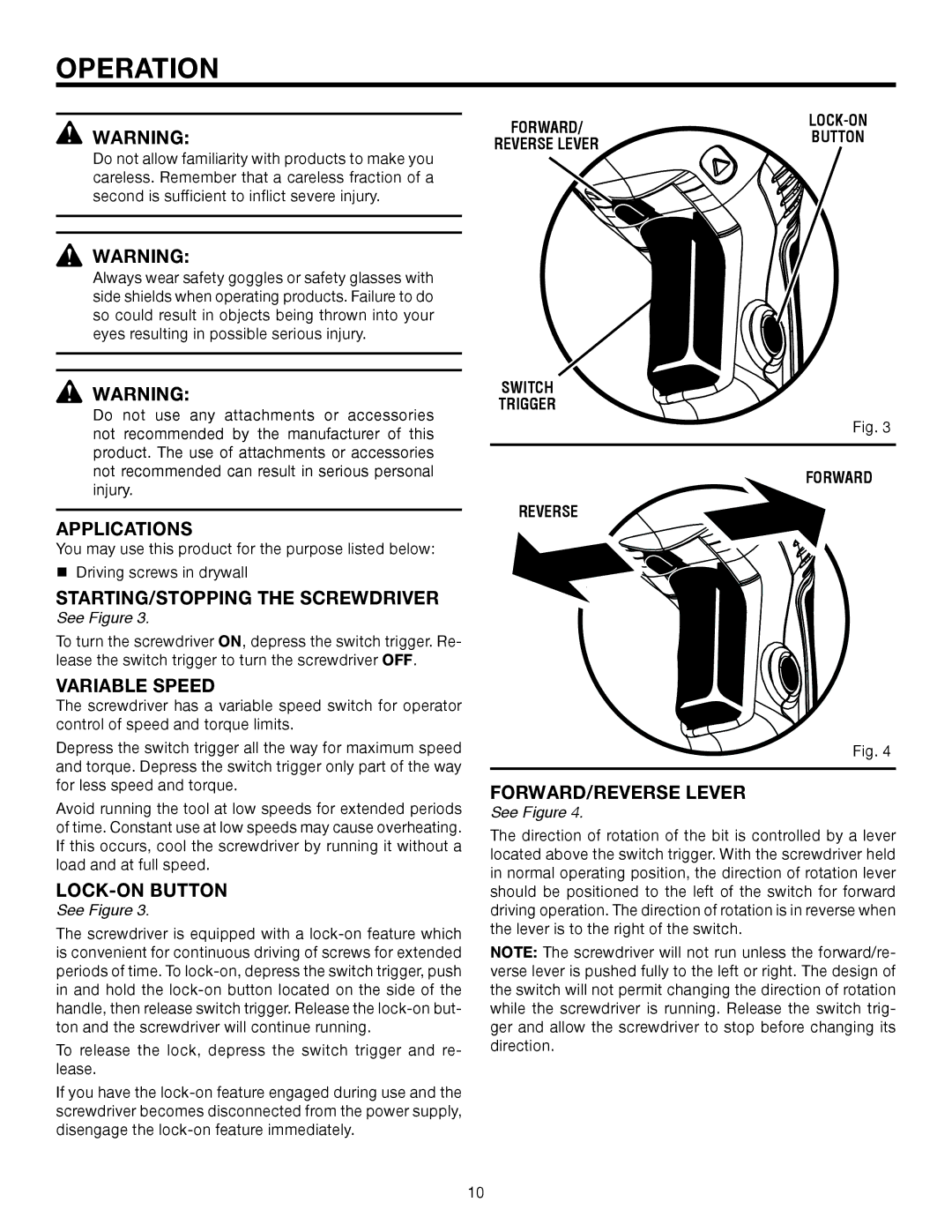 RIDGID R6000-1 manual Operation, Applications, STARTING/STOPPING the Screwdriver 