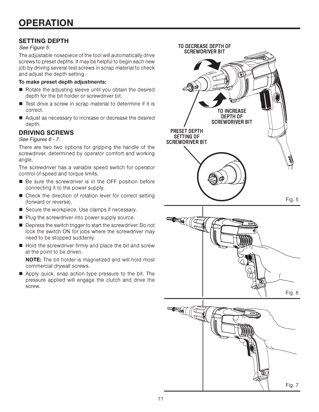 RIDGID R6000-1 manual Setting Depth, Driving Screws, To make preset depth adjustments 