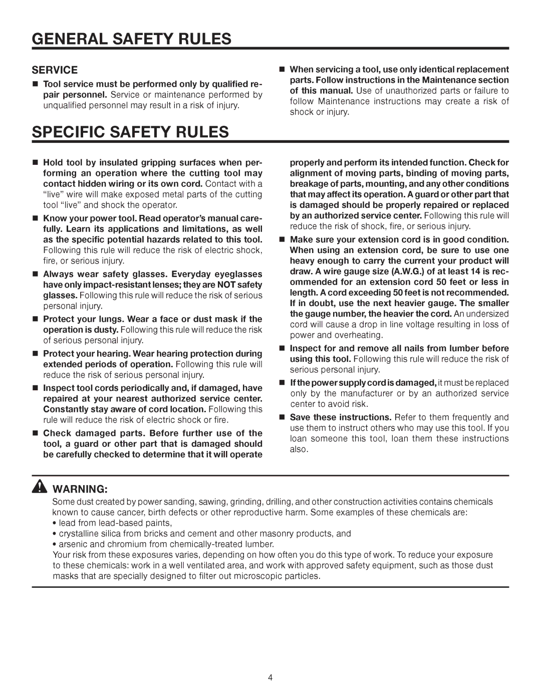 RIDGID R6000-1 manual Specific Safety Rules, Service 