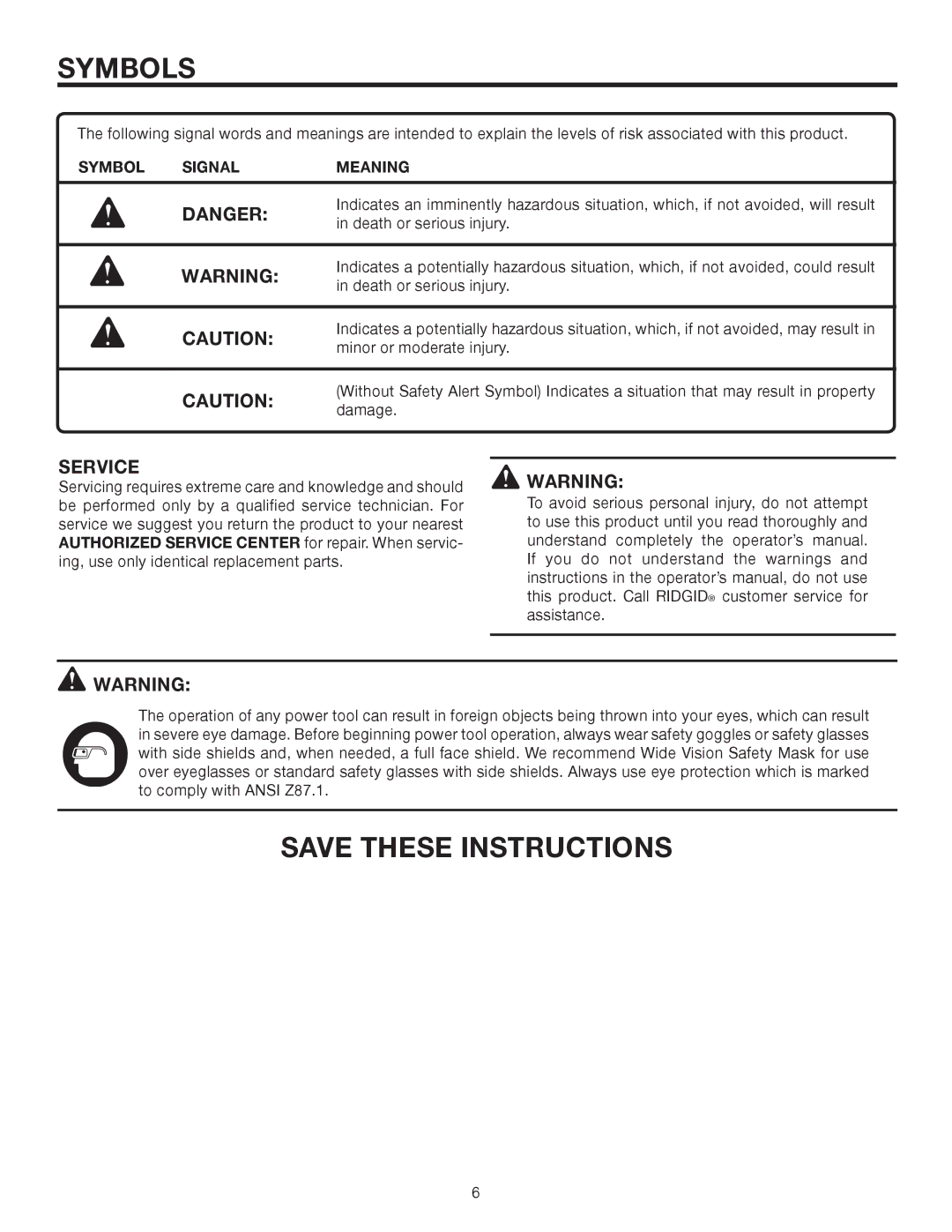 RIDGID R6000-1 manual Symbol Signal Meaning 