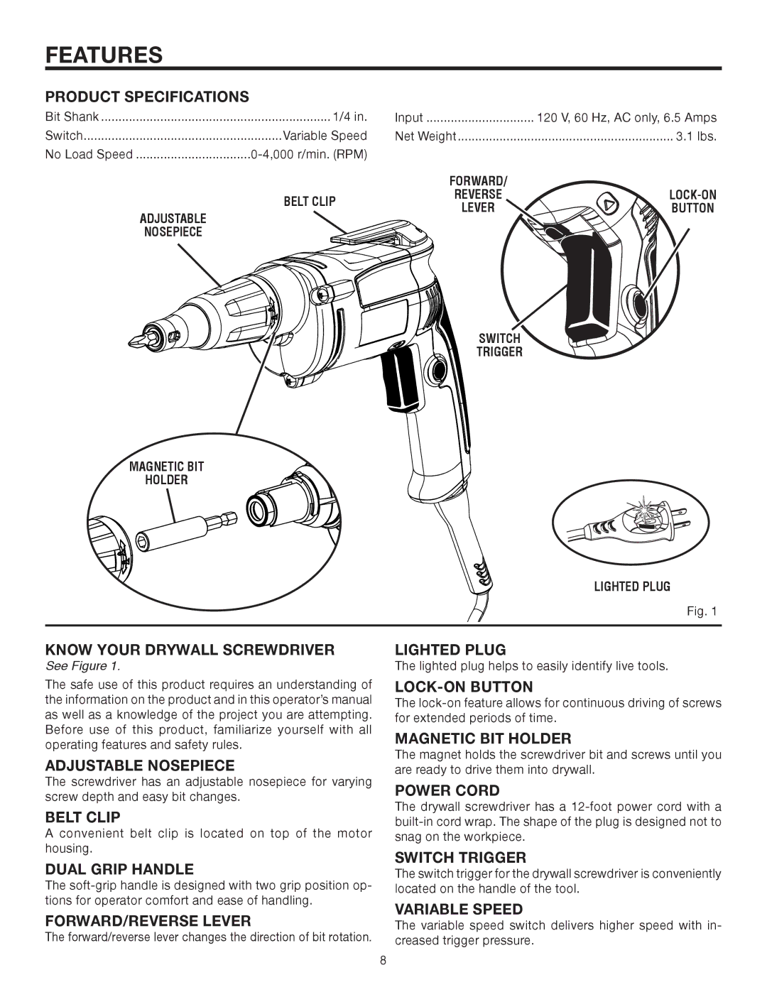 RIDGID R6000-1 manual Features 