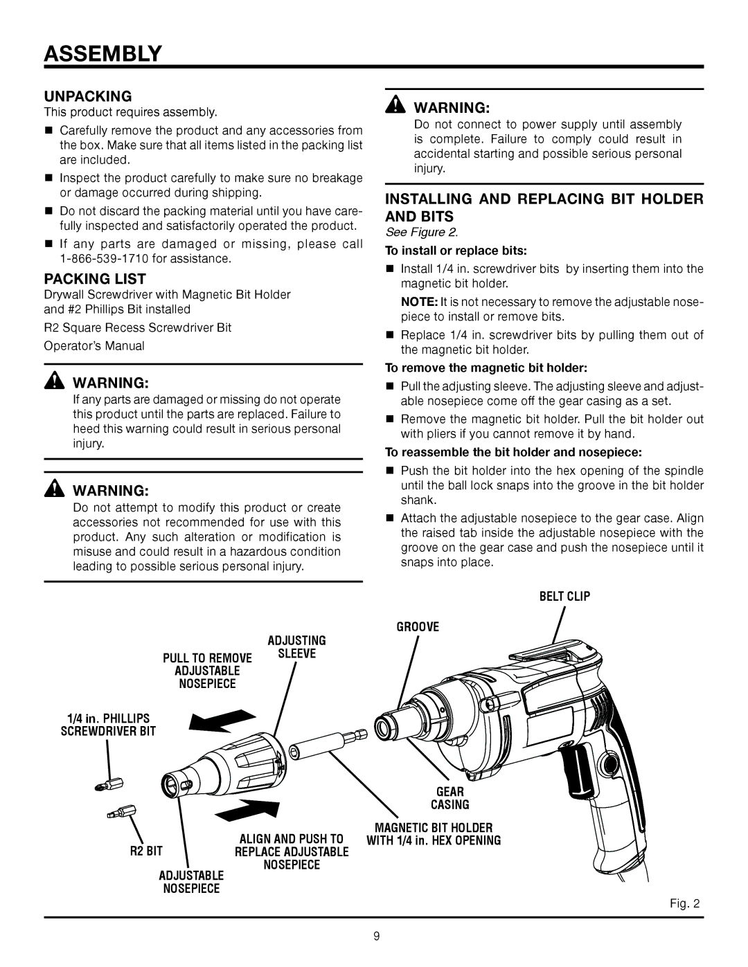 RIDGID R6000-1 manual Assembly, Unpacking, Packing List, Installing and Replacing BIT Holder and Bits 