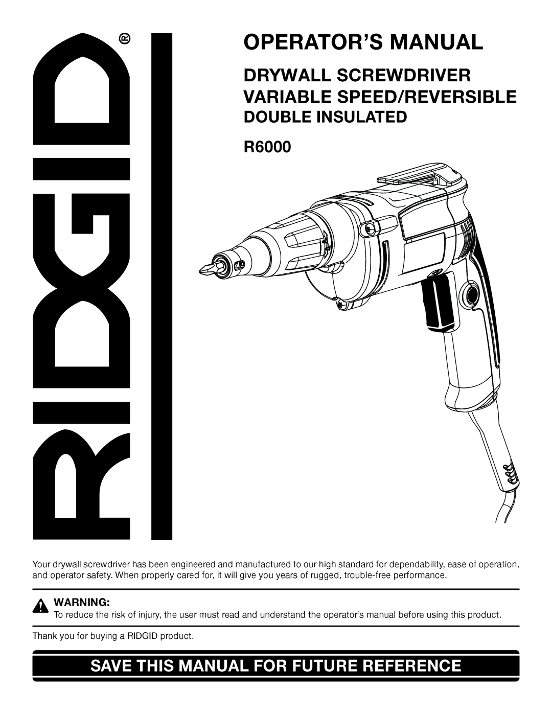 RIDGID R6000 manual OPERATOR’S Manual, Double Insulated 