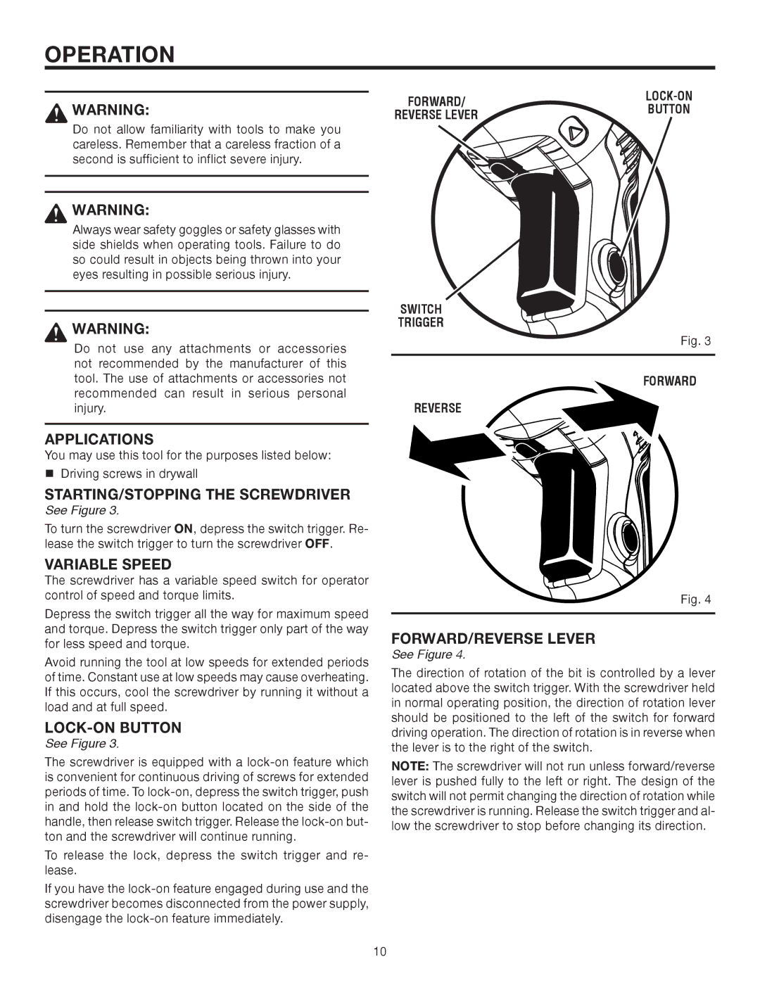 RIDGID R6000 manual Operation, Applications, STARTING/STOPPING the Screwdriver 