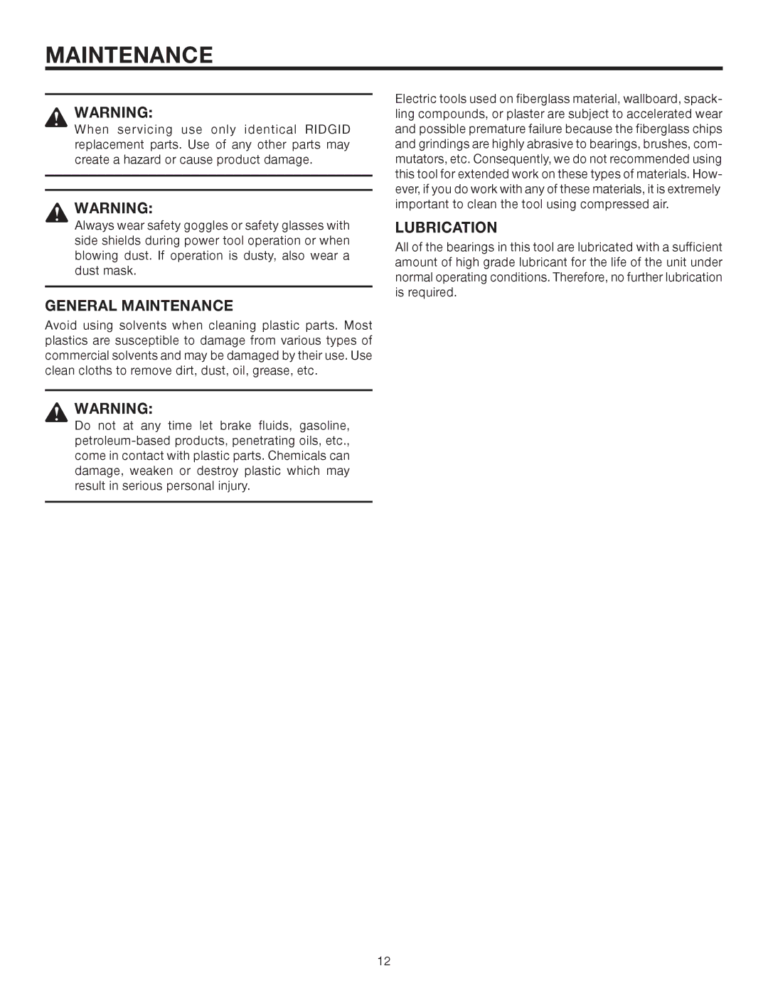 RIDGID R6000 manual General Maintenance, Lubrication 