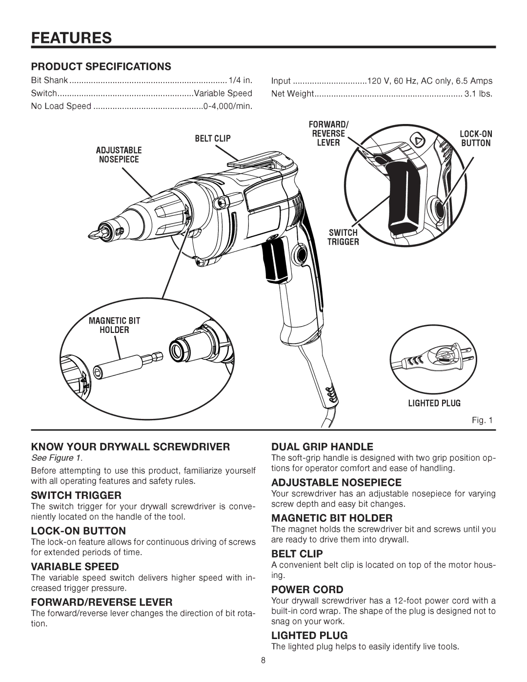 RIDGID R6000 manual Features 