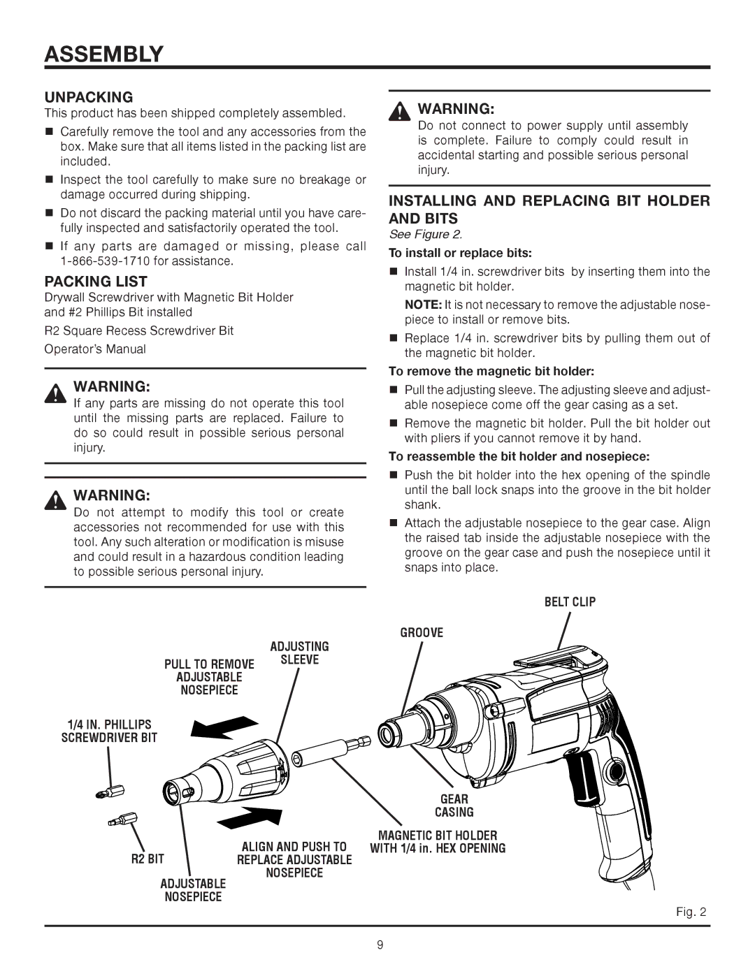 RIDGID R6000 manual Assembly, Unpacking, Packing List, Installing and Replacing BIT Holder and Bits 