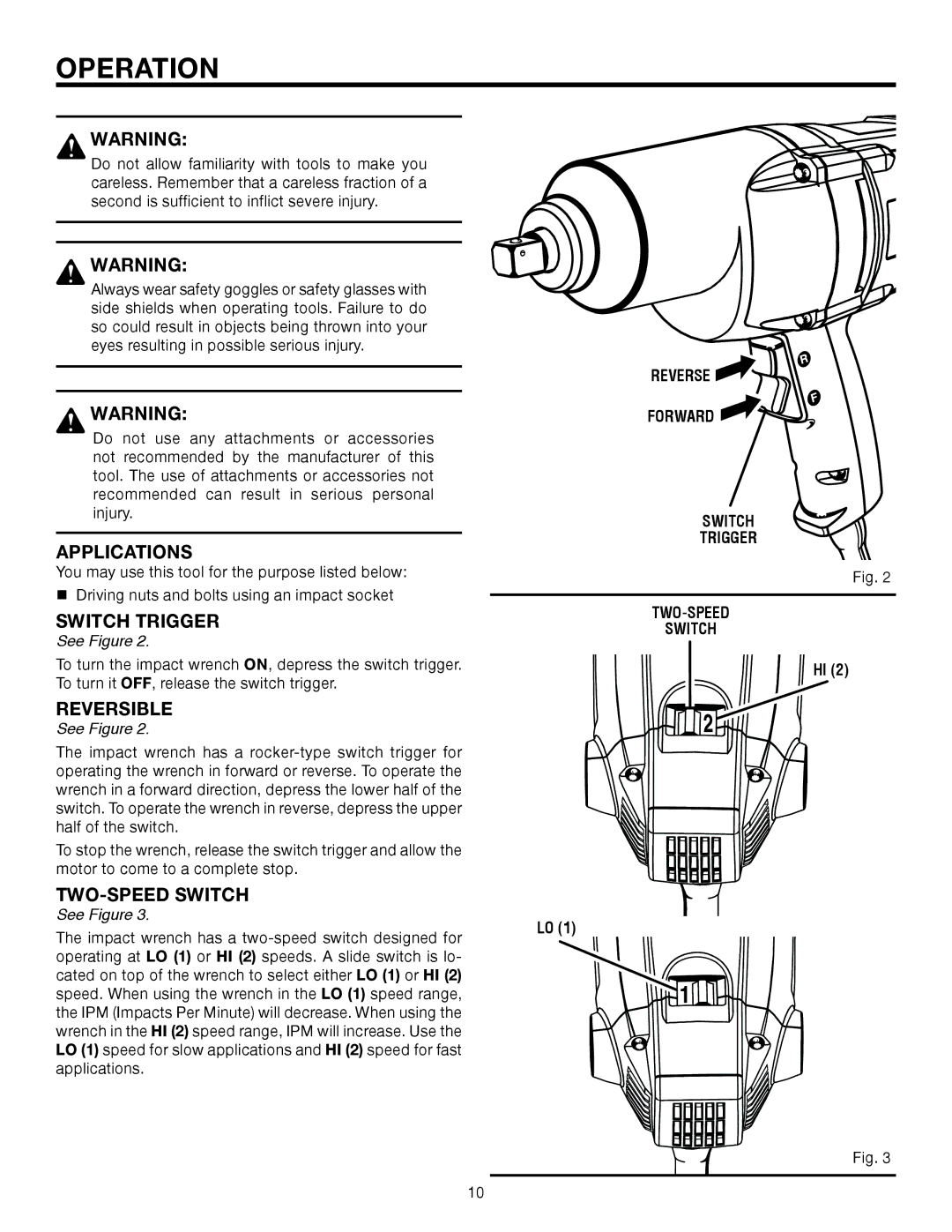 RIDGID R6300 manual Operation, Applications, Reversible, TWO-SPEED Switch, Reverse Forward Switch Trigger TWO-SPEED 