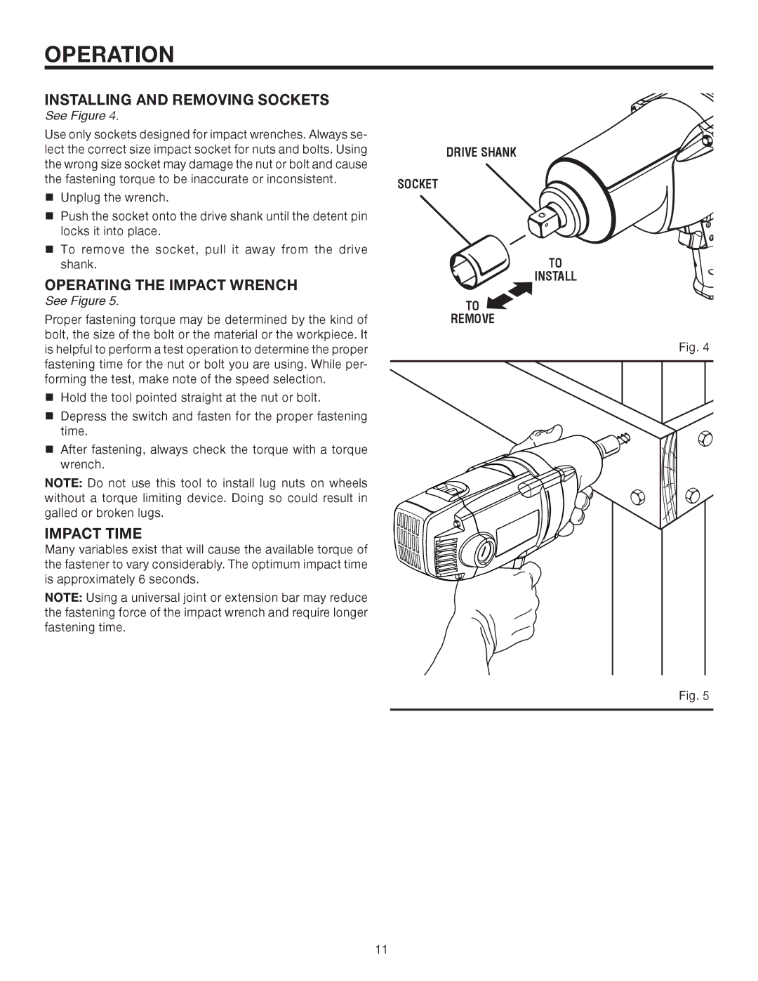 RIDGID R6300 manual Installing and Removing Sockets, Operating the Impact Wrench, Impact Time 