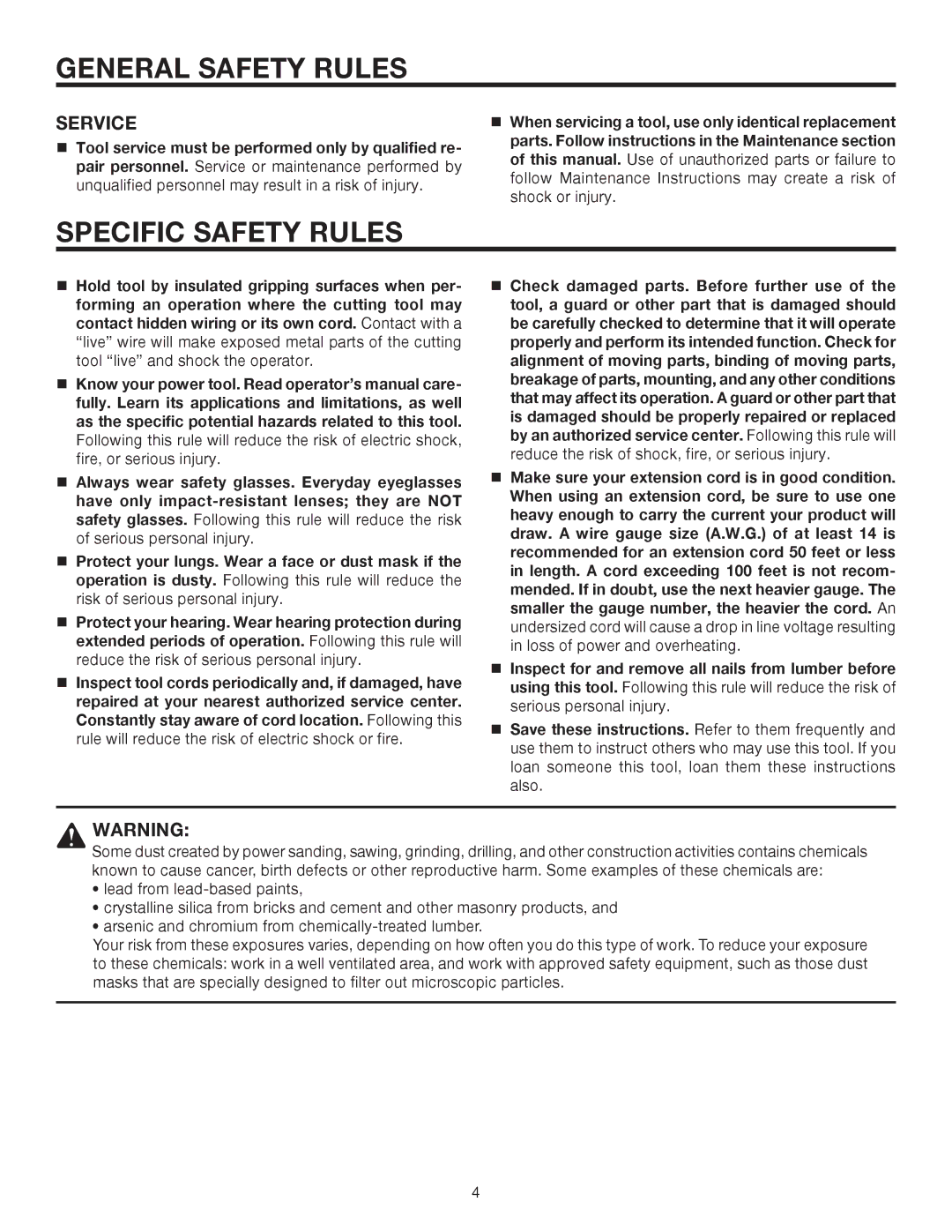 RIDGID R6300 manual Specific Safety Rules, Service 