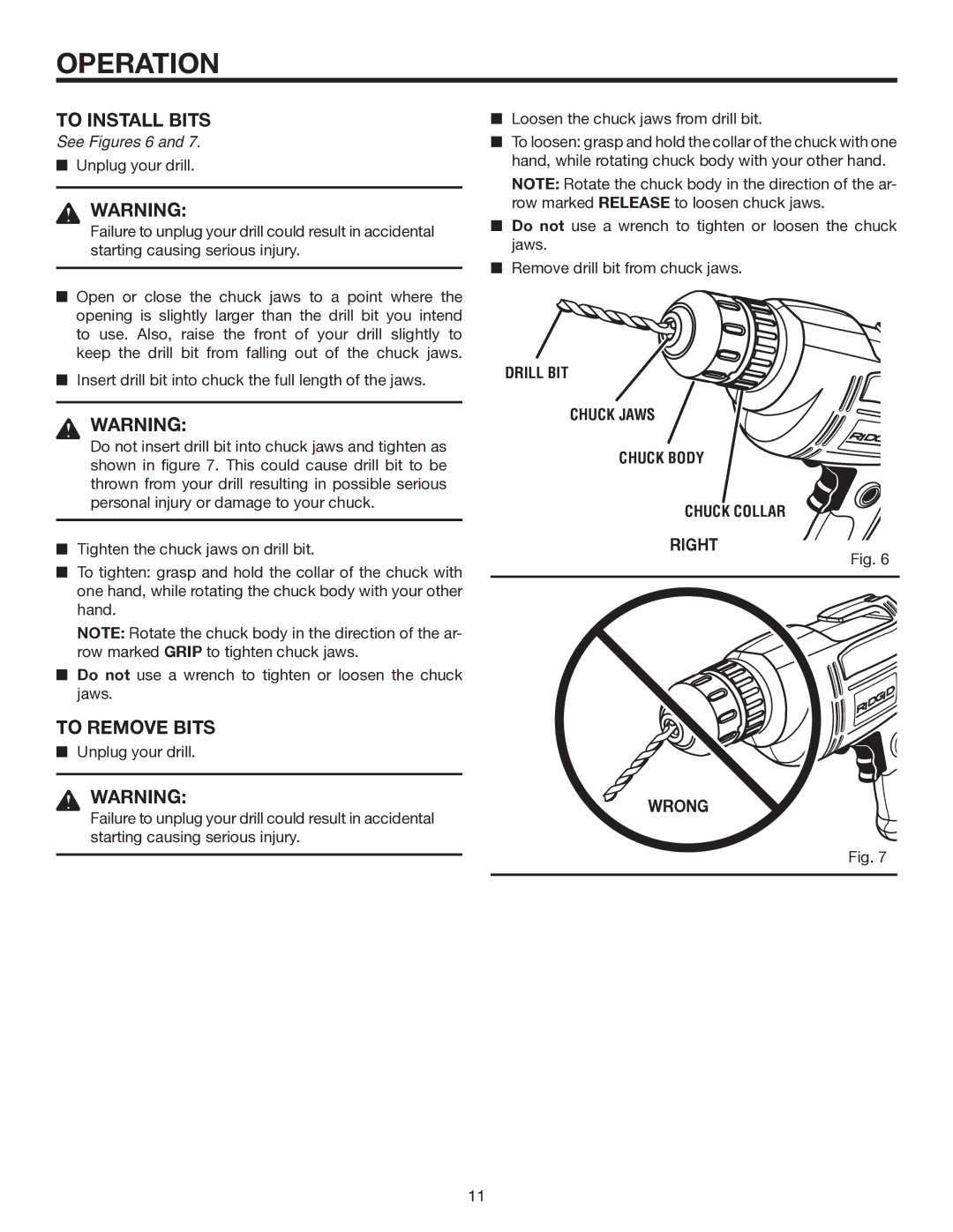 RIDGID R7000 manual To Install Bits, To Remove Bits, Drill BIT Chuck Jaws Chuck Body Chuck Collar 