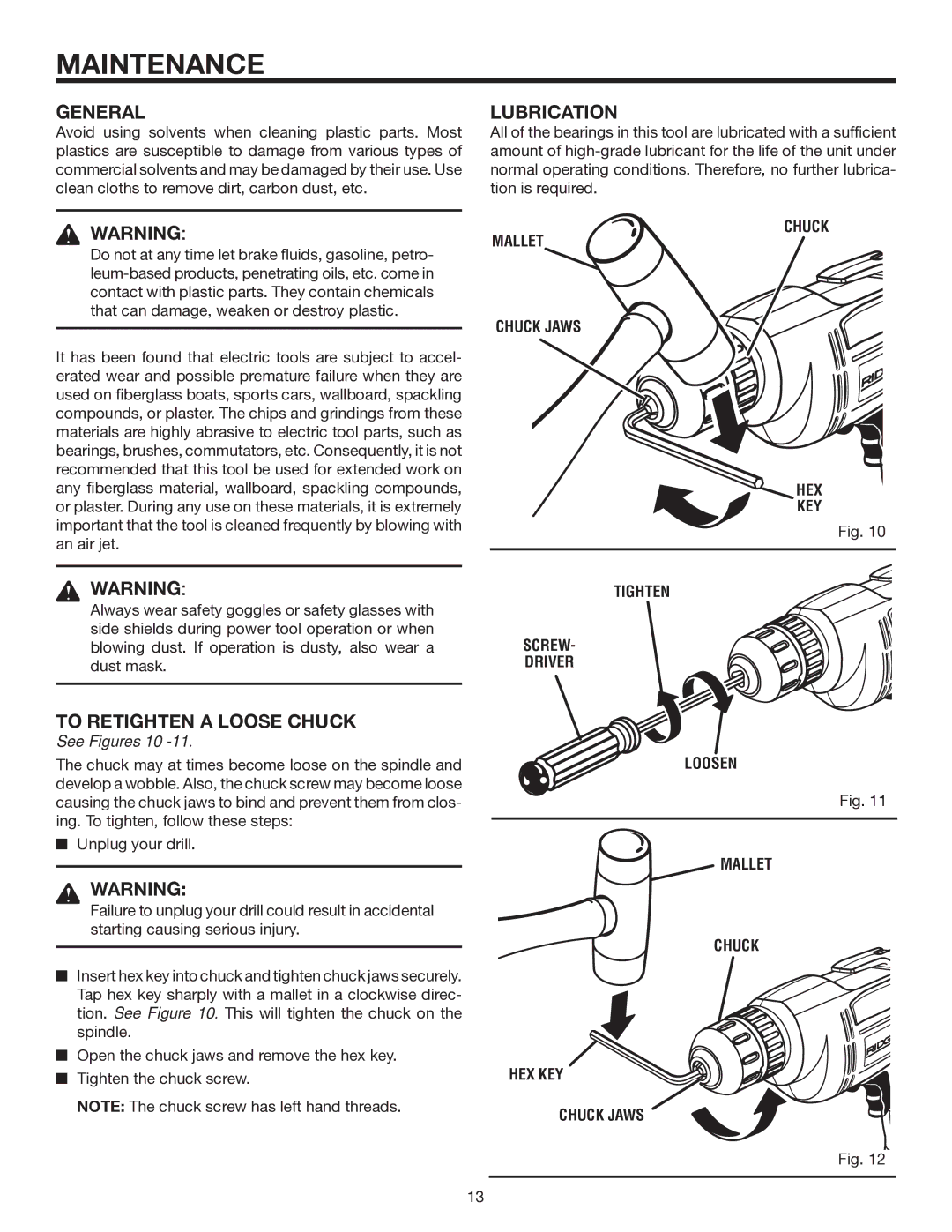 RIDGID R7000 manual Maintenance, General, Lubrication, To Retighten a Loose Chuck 