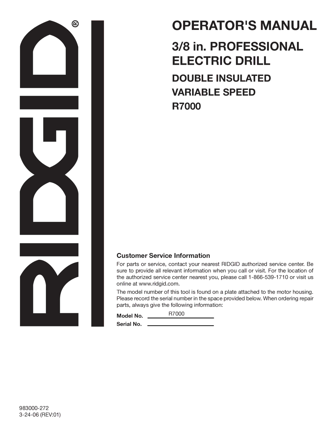 RIDGID R7000 manual Customer Service Information 