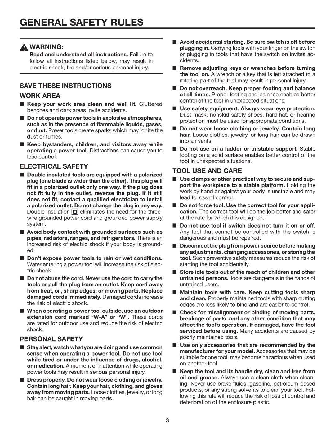 RIDGID R7000 manual General Safety Rules, Work Area, Electrical Safety, Personal Safety, Tool USE and Care 