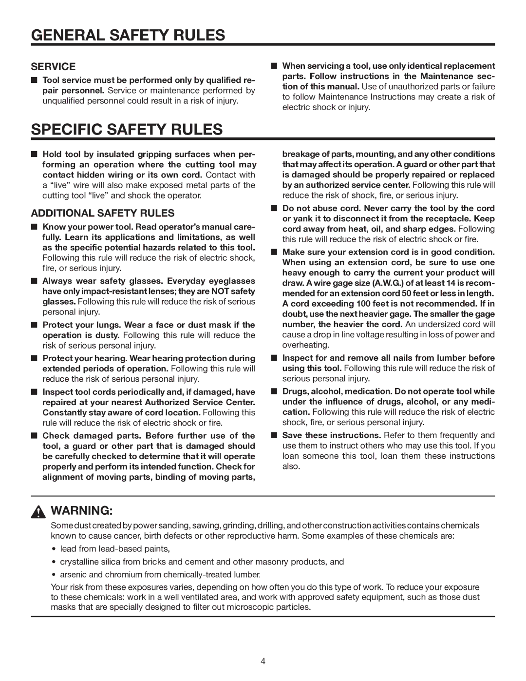 RIDGID R7000 manual Specific Safety Rules, Service, Additional Safety Rules 