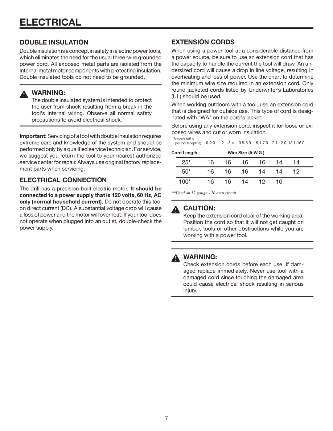 RIDGID R7000 manual Double Insulation, Electrical Connection, Extension Cords 