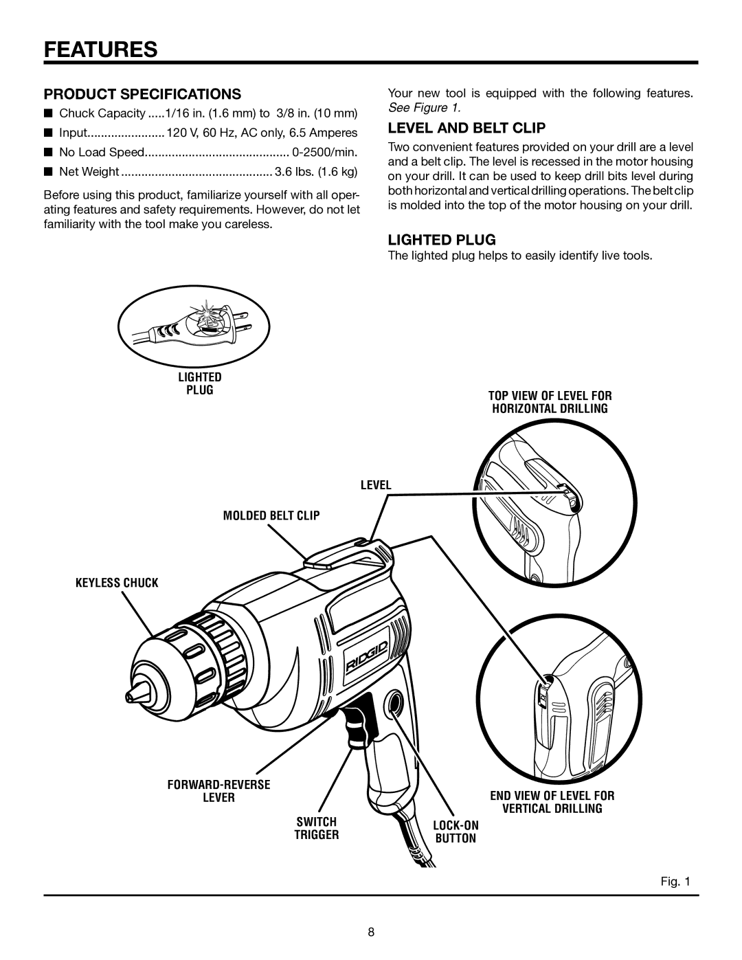 RIDGID R7000 manual Features, Product Specifications, Level and Belt Clip, Lighted Plug 