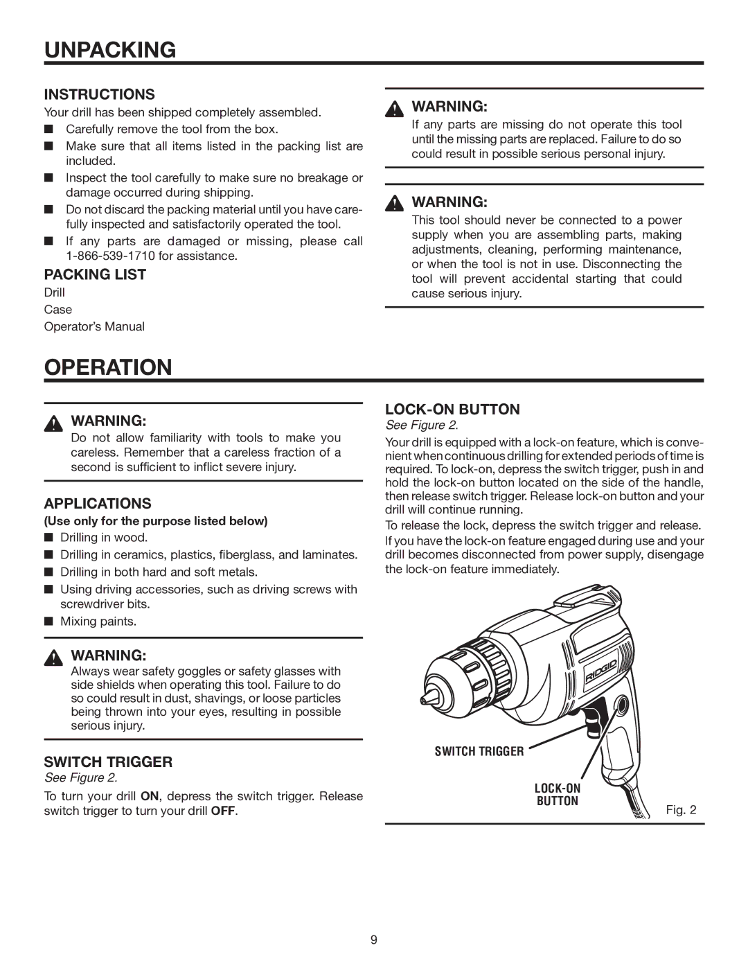 RIDGID R7000 manual Unpacking, Operation 