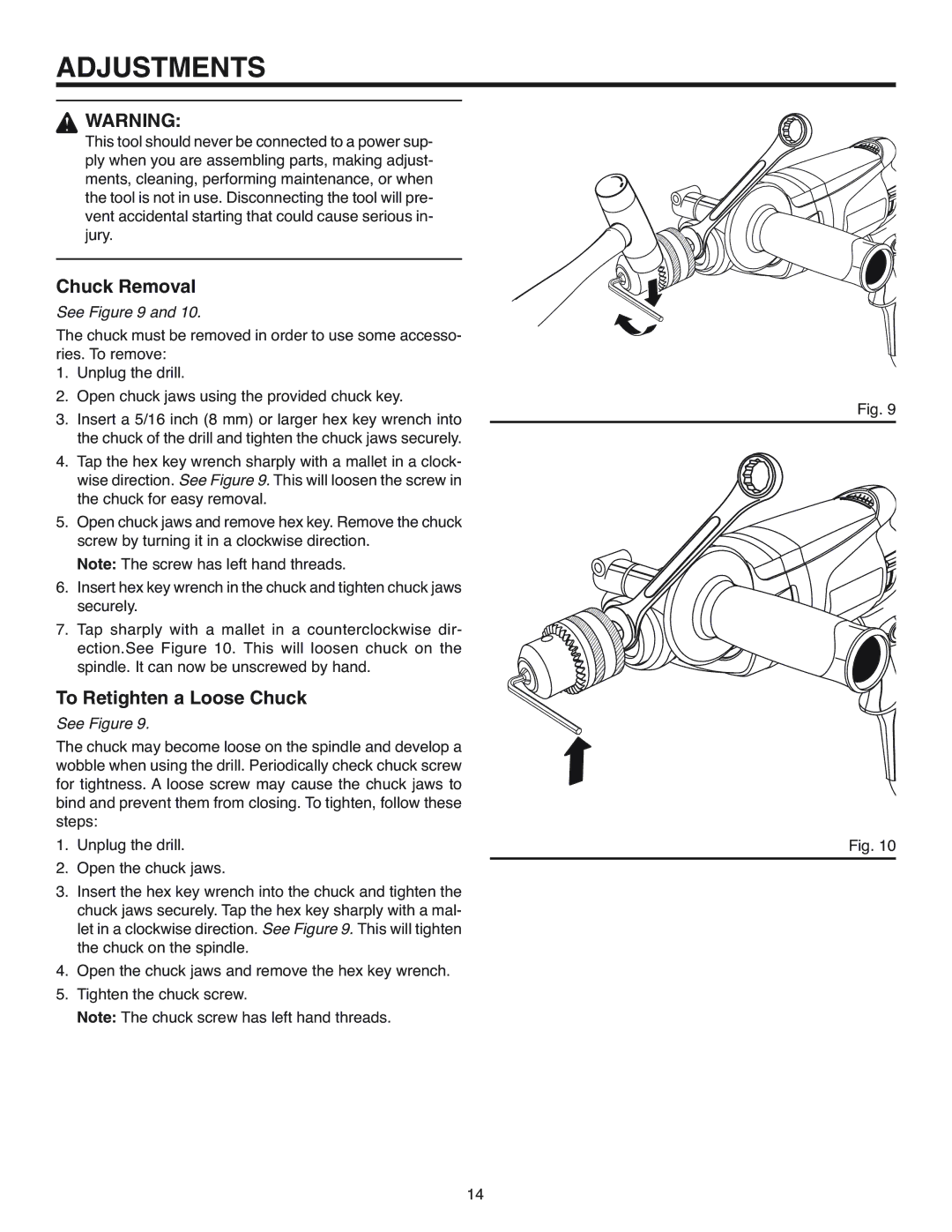 RIDGID R7100 manual Adjustments, Chuck Removal, To Retighten a Loose Chuck 