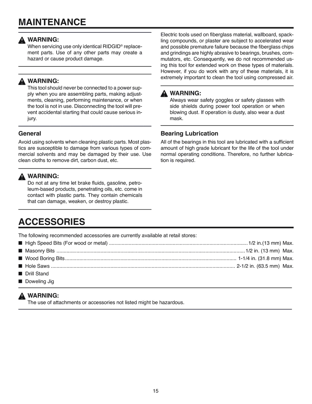 RIDGID R7100 manual Maintenance, Accessories, General, Bearing Lubrication 