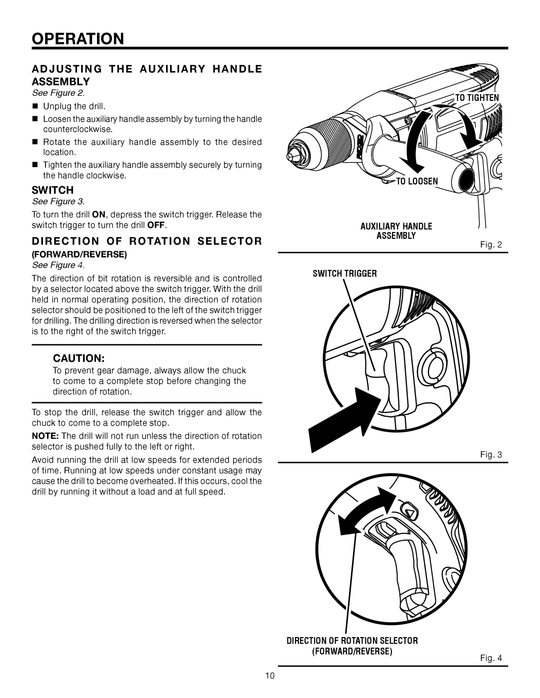 RIDGID R7110 manual Adjusting the Auxiliary Handle Assembly, Switch, Direction of Rotation Selector 