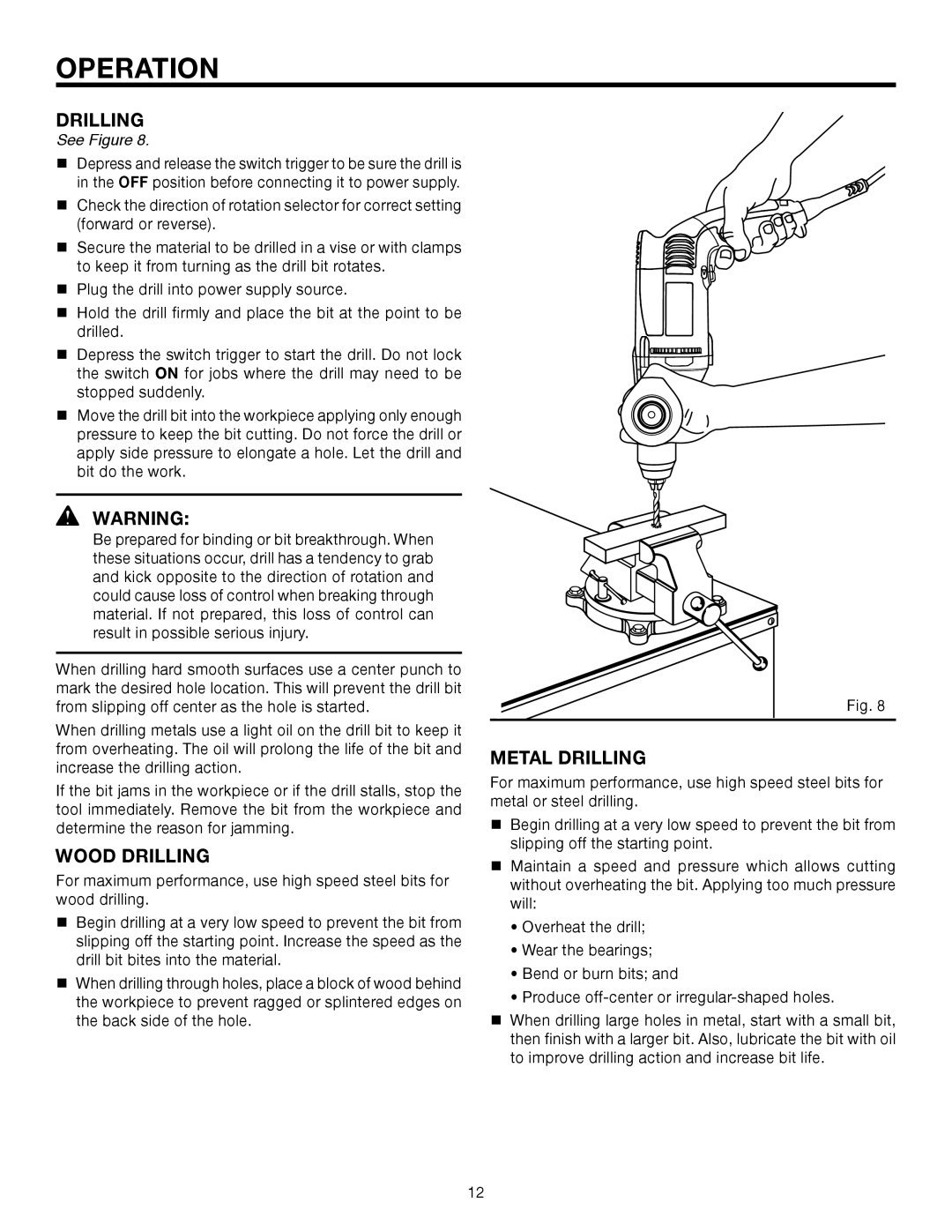 RIDGID R7110 manual Wood Drilling, Metal Drilling 