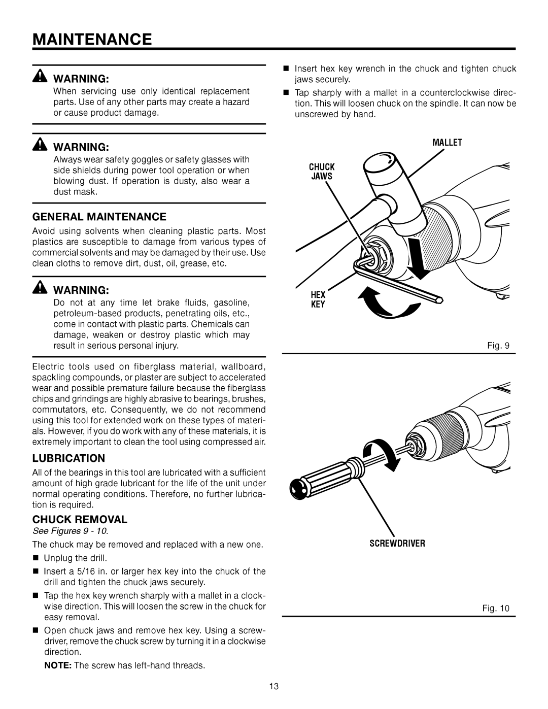 RIDGID R7110 manual General Maintenance, Lubrication, Chuck Removal 